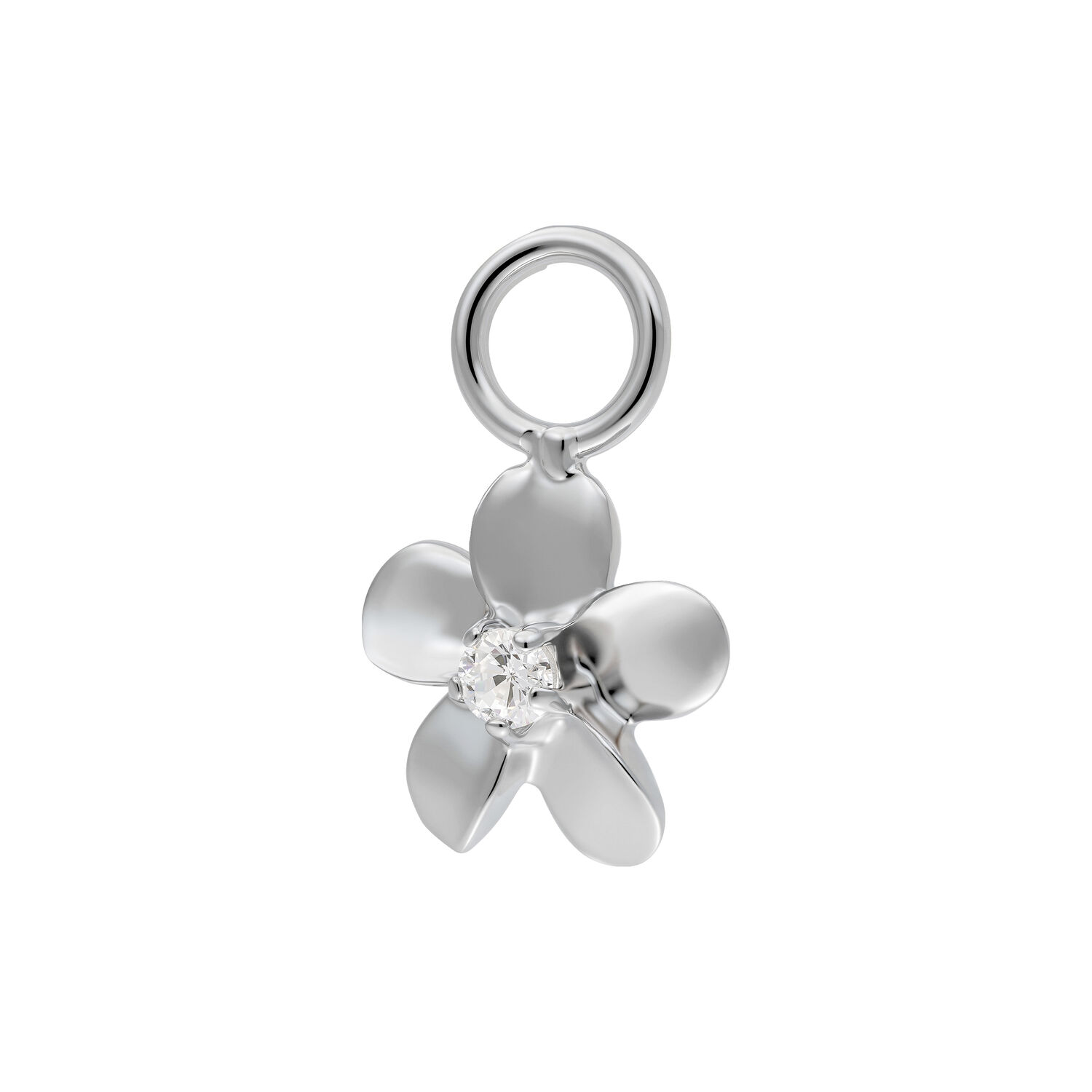 Colgante de flor plateada con circonita Colgante de flor plateada con circonita brillante sobre fondo blanco