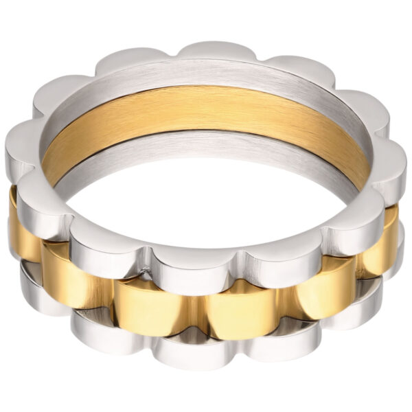 Anillo de plata y oro de acero quirúrgico con diseño dentado