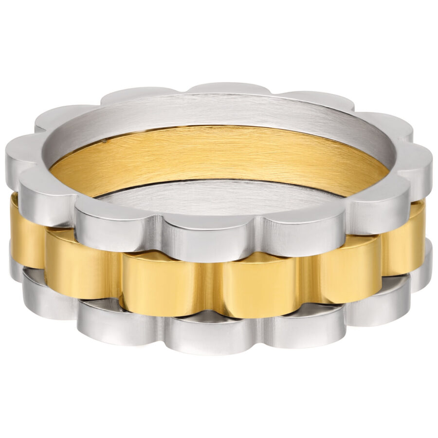 Anillo de plata y oro con diseño ancho y bordes dentados