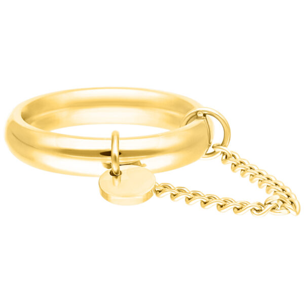 Anillo dorado con placa y cadena, tamaño 18,0 mm, sobre fondo blanco