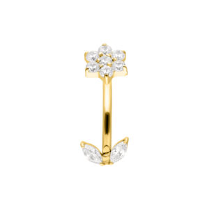 Banana Bell Micro Dorado con adorno de cristal en forma de flor sobre fondo blanco