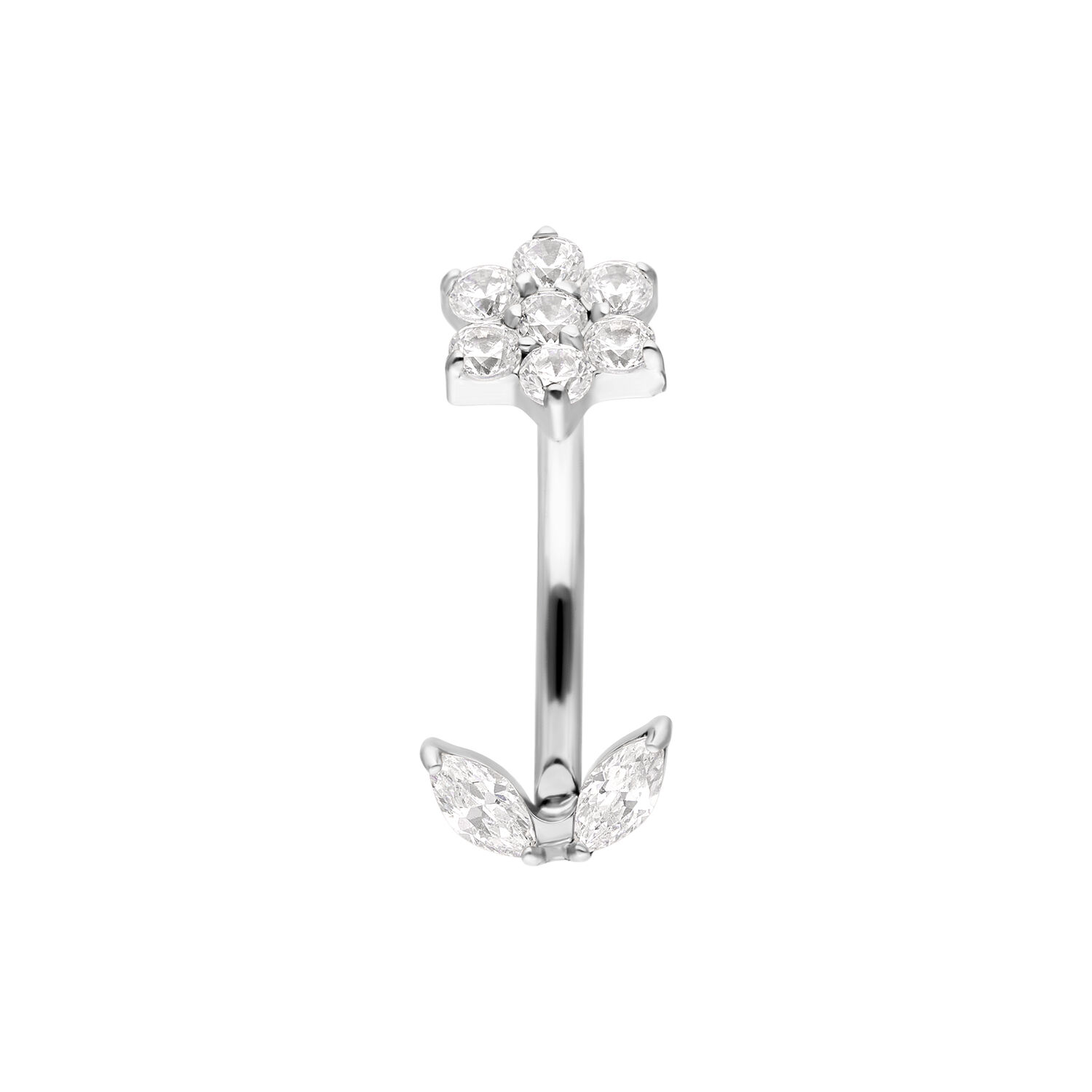 Piercing Bananabell de Plata con Forma de Flor Bananabell de plata con diseño de flor y cristales sobre fondo blanco