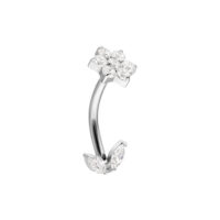Micro Bananabell de plata con circonitas Bananabell de plata con barra curva y diseño de flores de circonitas sobre fondo blanco