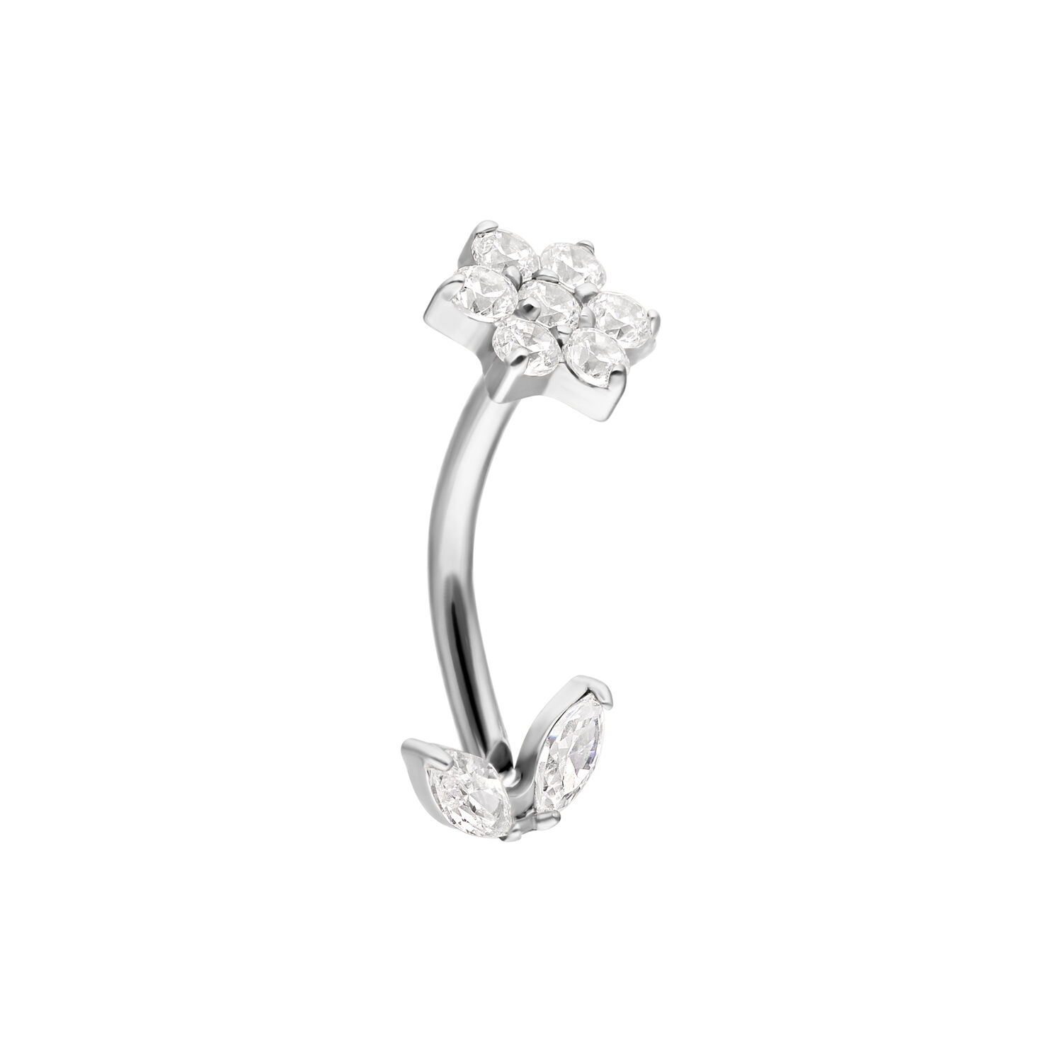Micro Bananabell de plata con circonitas Bananabell de plata con barra curva y diseño de flores de circonitas sobre fondo blanco
