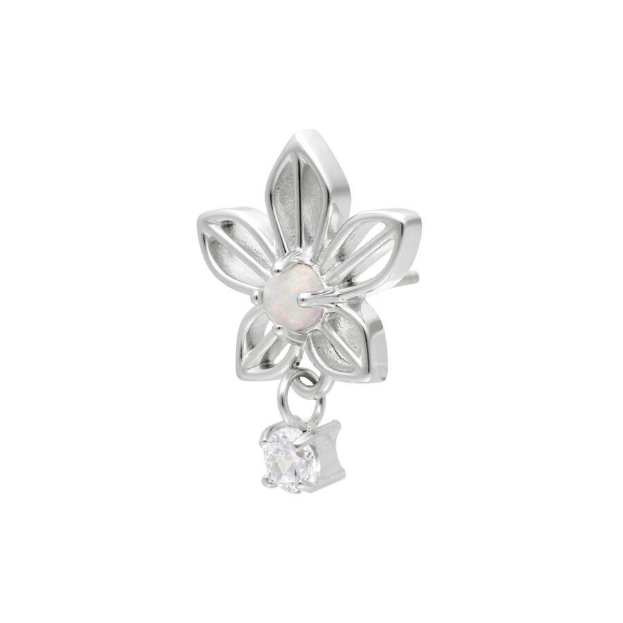 Pieza de Piercing de Flor de Jazmín en Oro Blanco con ópalo y circonita