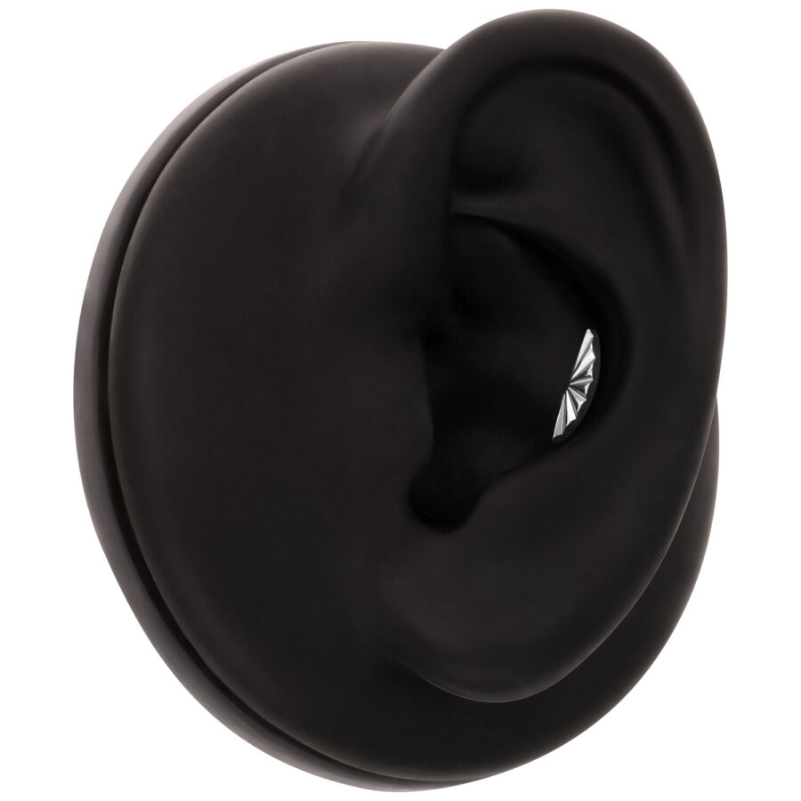Accesorio de oreja negro con patrón acanalado plateado en el interior, independiente