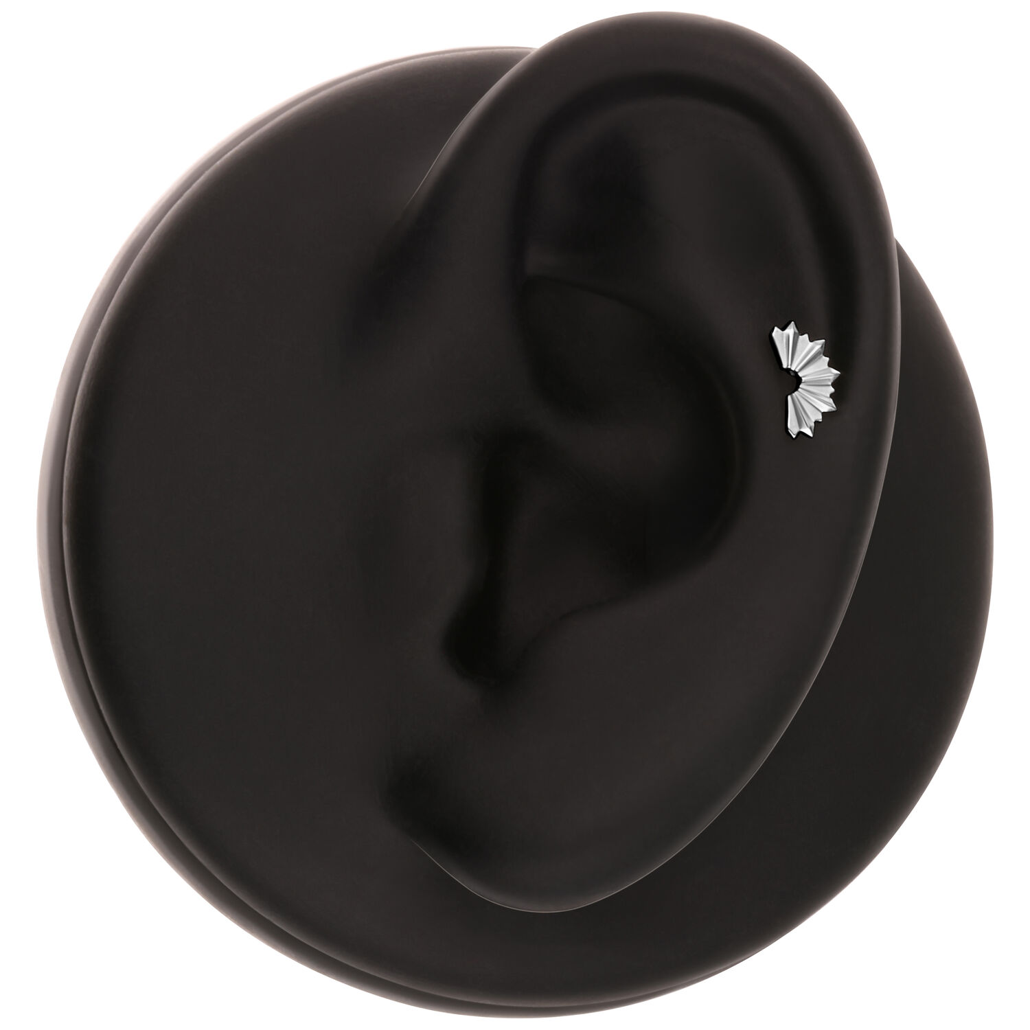 Aro de Sol Plateado para Piercing de Oreja Aro de Sol Plateado en un modelo de oreja negro, primer plano