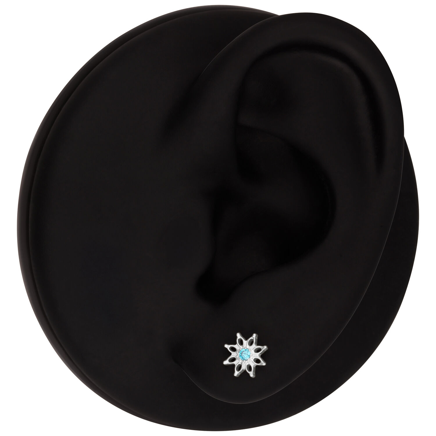 Aqua Bloom de Cristal Turquesa Modelo de oreja negra con adorno de flor de cristal turquesa en el lóbulo