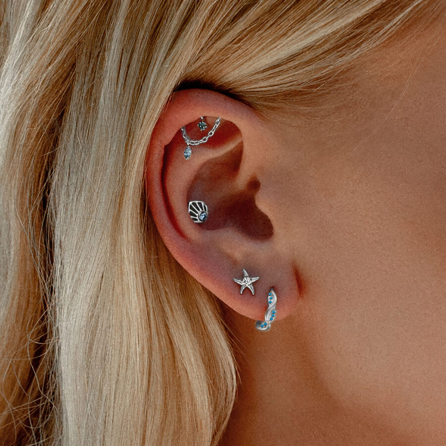 Oreja con varios piercings, incluyendo un adorno de concha con cristal turquesa en oro blanco.