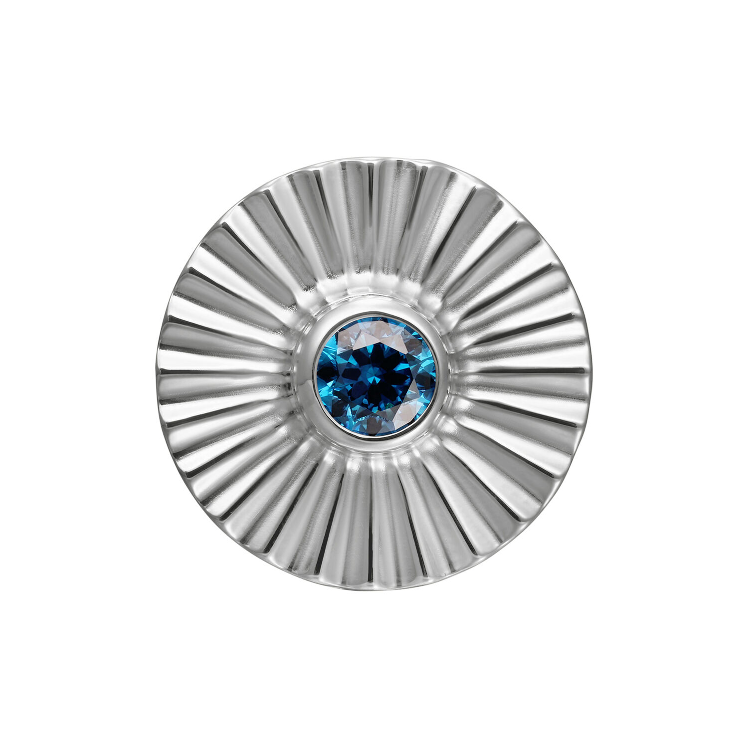 Aplique de oro blanco con cristal turquesa Aplique redondo de titanio con cristal turquesa en el centro sobre fondo blanco