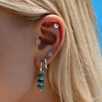 Ajuste de Cristal Turquesa para la Oreja Oreja con varios piercings, incluyendo un ajuste de cristal turquesa y aros plateados, frente a un cielo azul