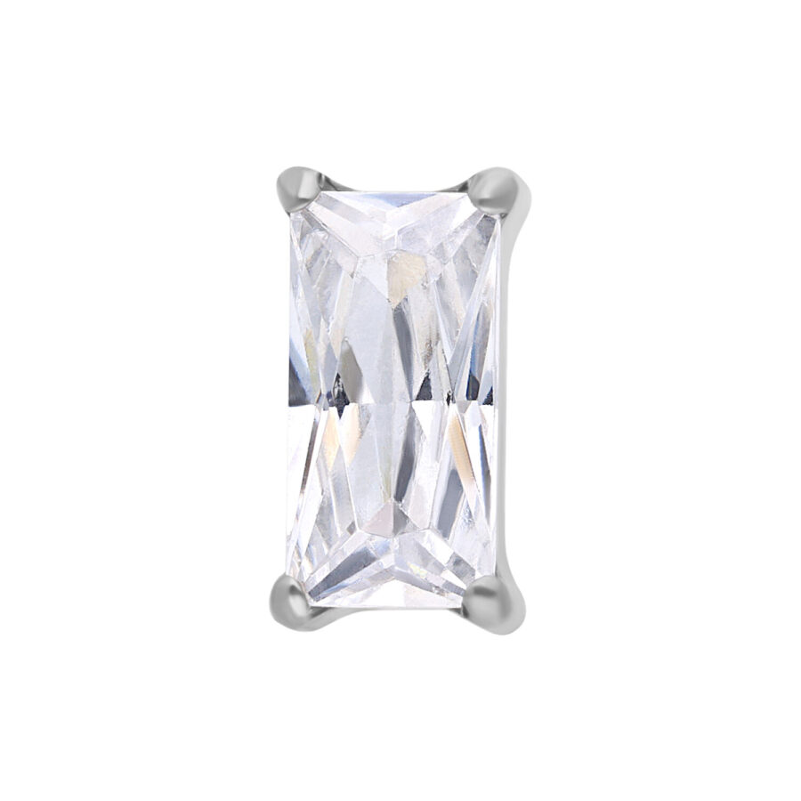 Cristal rectangular claro en montura de titanio plateado sobre fondo blanco