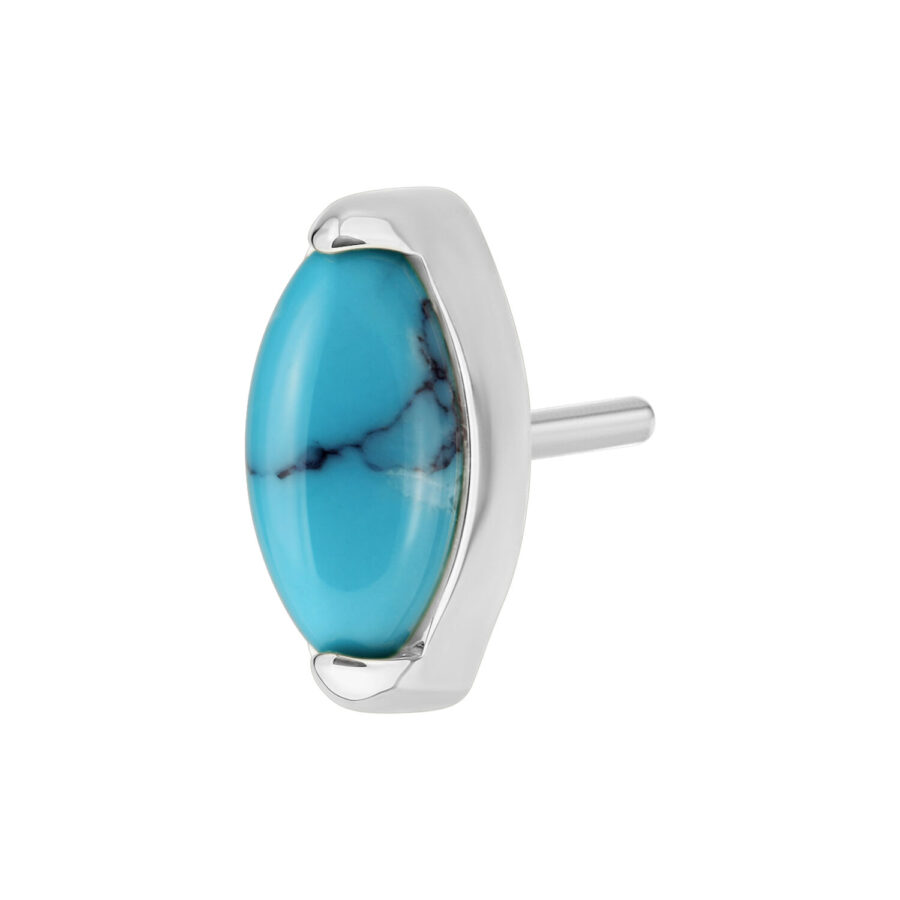 Inserto ovalado de turquesa en oro blanco con pin Push Fit sobre fondo blanco