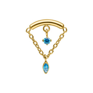 Ajuste de piercing dorado con dos cristales turquesas, uno arriba y otro abajo, sobre fondo blanco