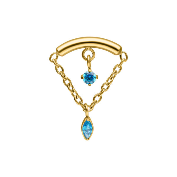 Ajuste de piercing dorado con dos cristales turquesas, uno arriba y otro abajo, sobre fondo blanco