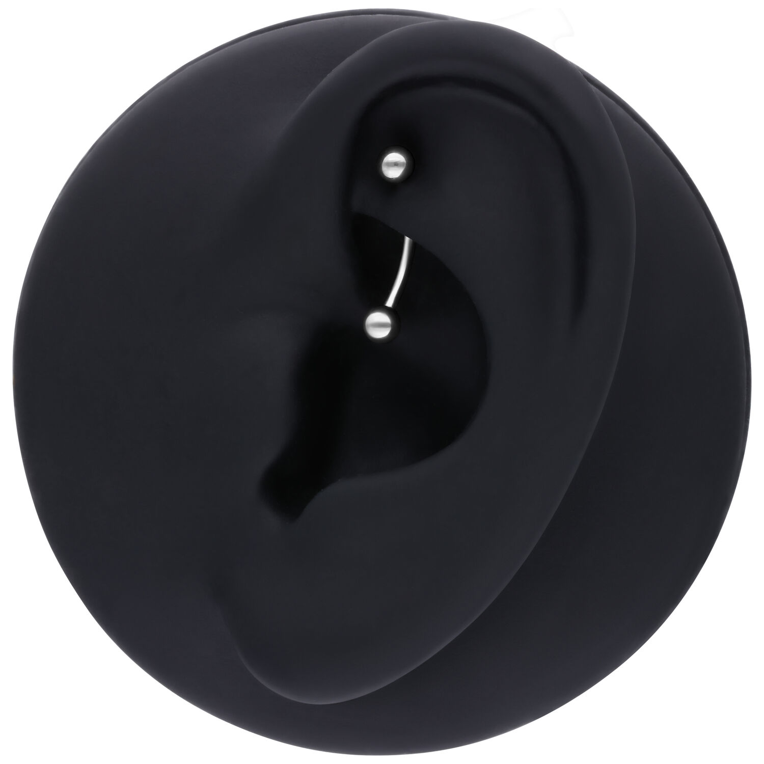 Oreja negra con Bananabell de plata Modelo de oreja negra con Micro Bananabell plateado sobre fondo blanco