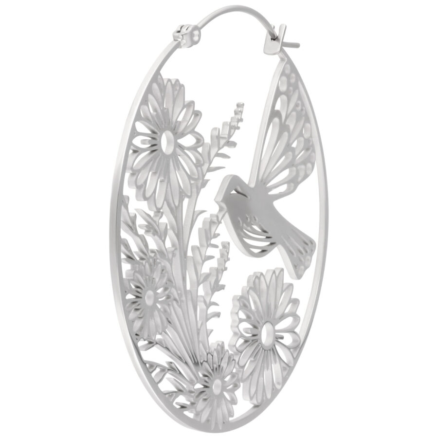 Pendientes plateados con motivo de flores y pájaros, pulidos brillantes