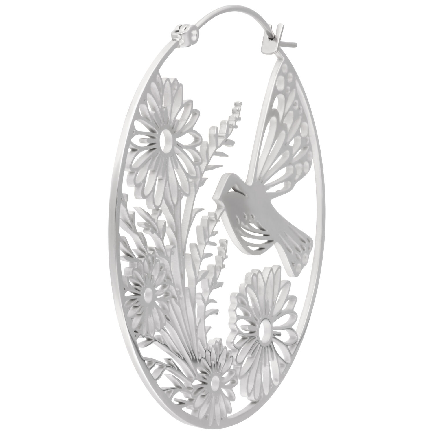 Pendientes plateados con motivo de flores y pájaros, pulidos brillantes