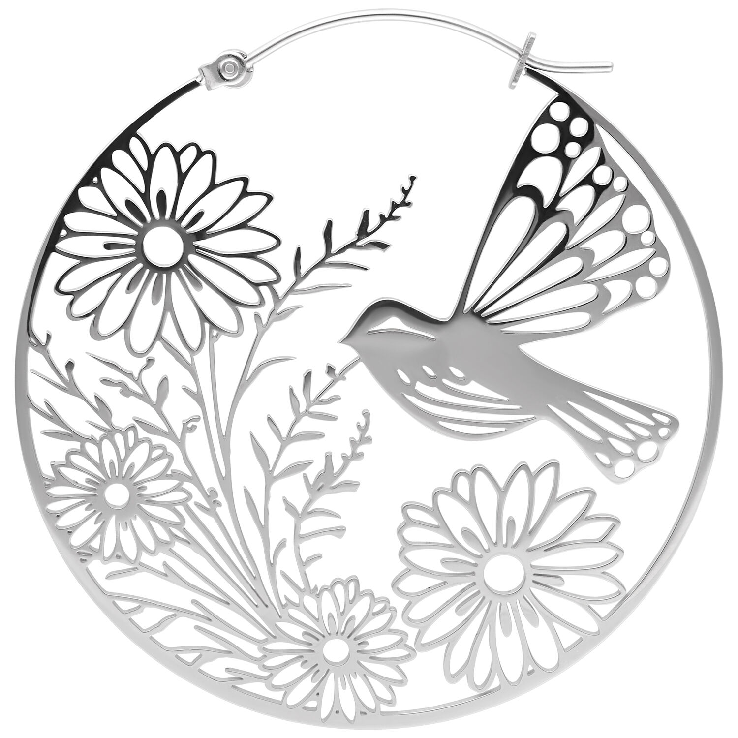 Pendientes redondos de plata con diseño delicado de pájaro y flores sobre fondo blanco