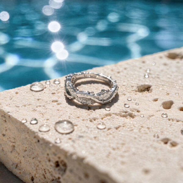 Anillo de oro blanco con cristales sobre superficie de piedra, frente a una piscina