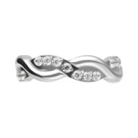 Anillo de olas cristalinas de titanio Anillo plateado con diseño de olas, adornado con cristales claros, sobre fondo blanco