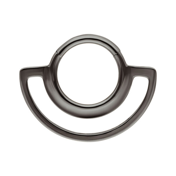 Clicker de doble anillo metálico negro sobre fondo blanco