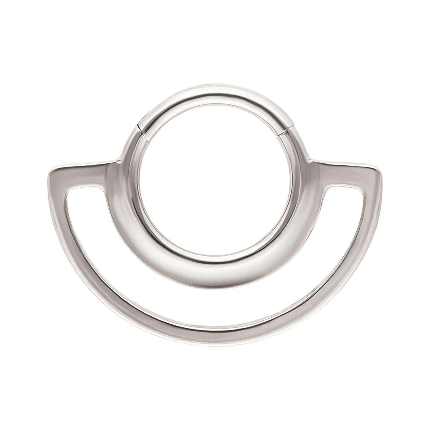 Clicker de Doble Anillo Plateado Anillo de metal plateado con dos elementos circulares sobre fondo blanco