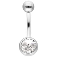 Piercing de ombligo plateado con cristal Bananabell de ombligo plateado con un gran cristal claro sobre fondo blanco.