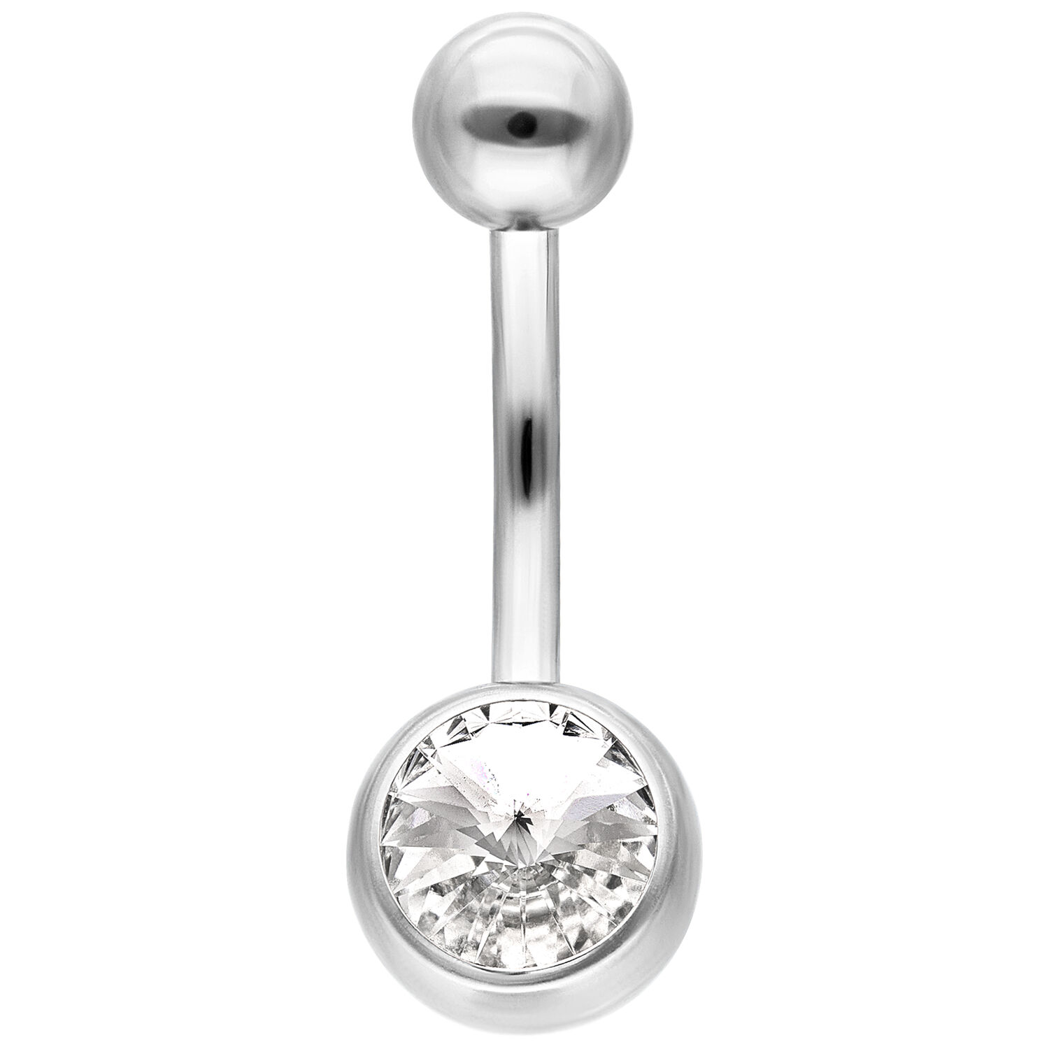Piercing de ombligo plateado con cristal Bananabell de ombligo plateado con un gran cristal claro sobre fondo blanco.