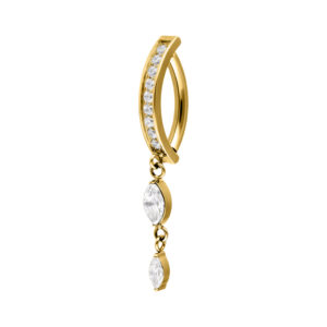 Clicker dorado para ombligo con colgante ovalado de cristal sobre fondo blanco