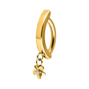 Anillo dorado para ombligo con colgante de flor y cristal sobre fondo blanco