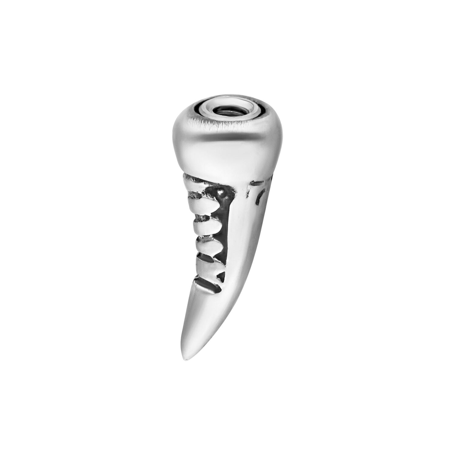 Accesorio Bio-Mecánico Plateado Accesorio de piercing bio-mecánico plateado con diseño en espiral sobre fondo blanco
