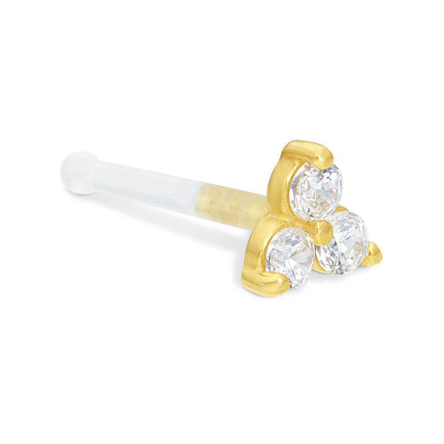 Nasenstecker de oro de 18k con cristales Nasenstecker dorado con tres cristales claros sobre fondo blanco
