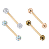 Cuatro barbells de titanio dorado con bolas incrustadas de cristales en diferentes colores sobre fondo blanco