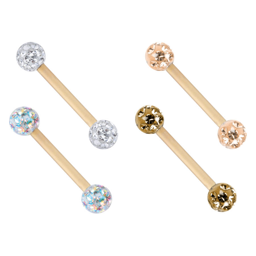 Cuatro barbells de titanio dorado con bolas incrustadas de cristales en diferentes colores sobre fondo blanco