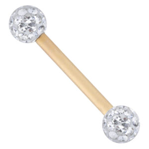 Barbell dorado con bolas de cristal claras sobre fondo blanco