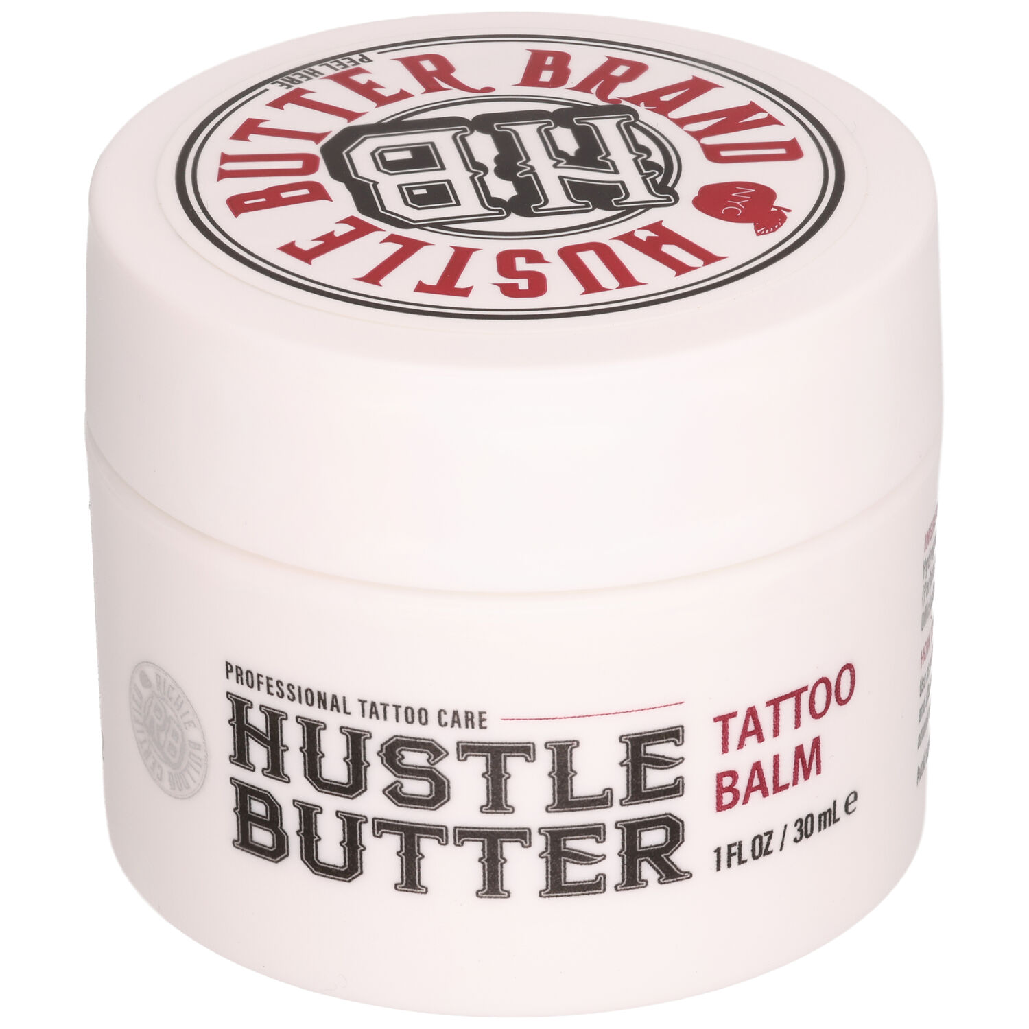 Hustle Butter Tattoo Bálsamo 30 ml Bote blanco de Hustle Butter Tattoo Bálsamo con texto rojo y negro sobre fondo blanco