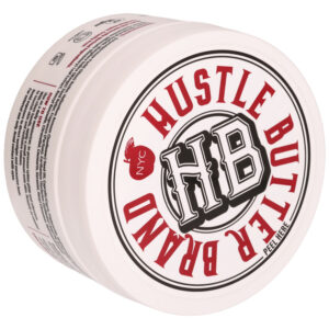 Lata redonda de Hustle Butter Deluxe con logo rojo y negro, fondo blanco