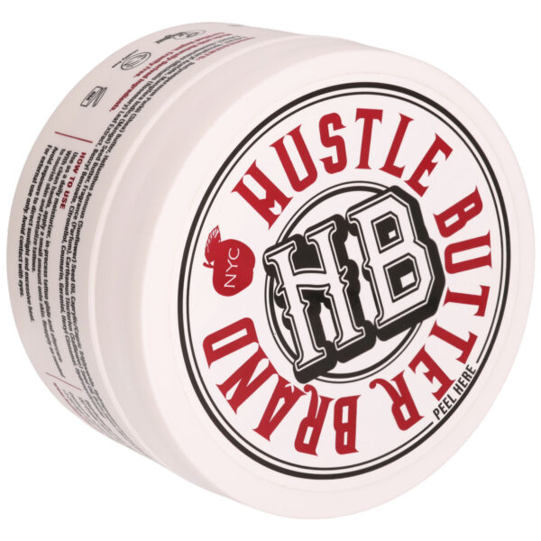 Lata redonda de Hustle Butter Deluxe con logo rojo y negro, fondo blanco