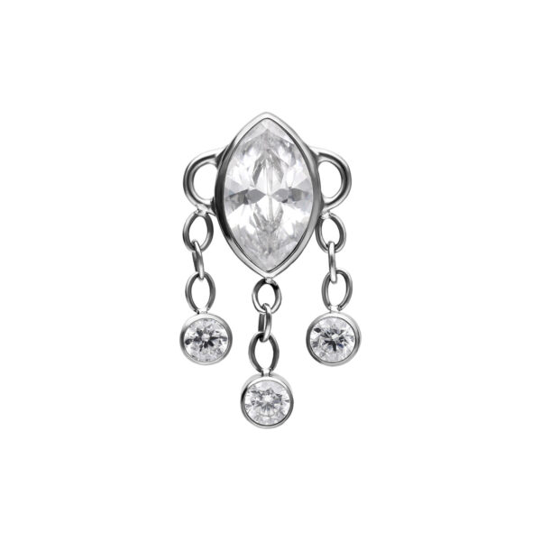 Accesorio Push Fit plateado con tres cristales colgantes sobre fondo blanco