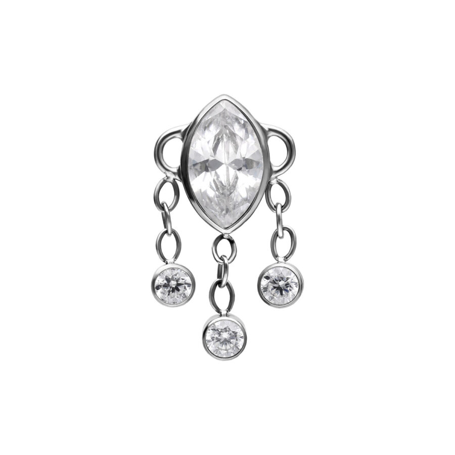 Accesorio Push Fit plateado con tres cristales colgantes sobre fondo blanco