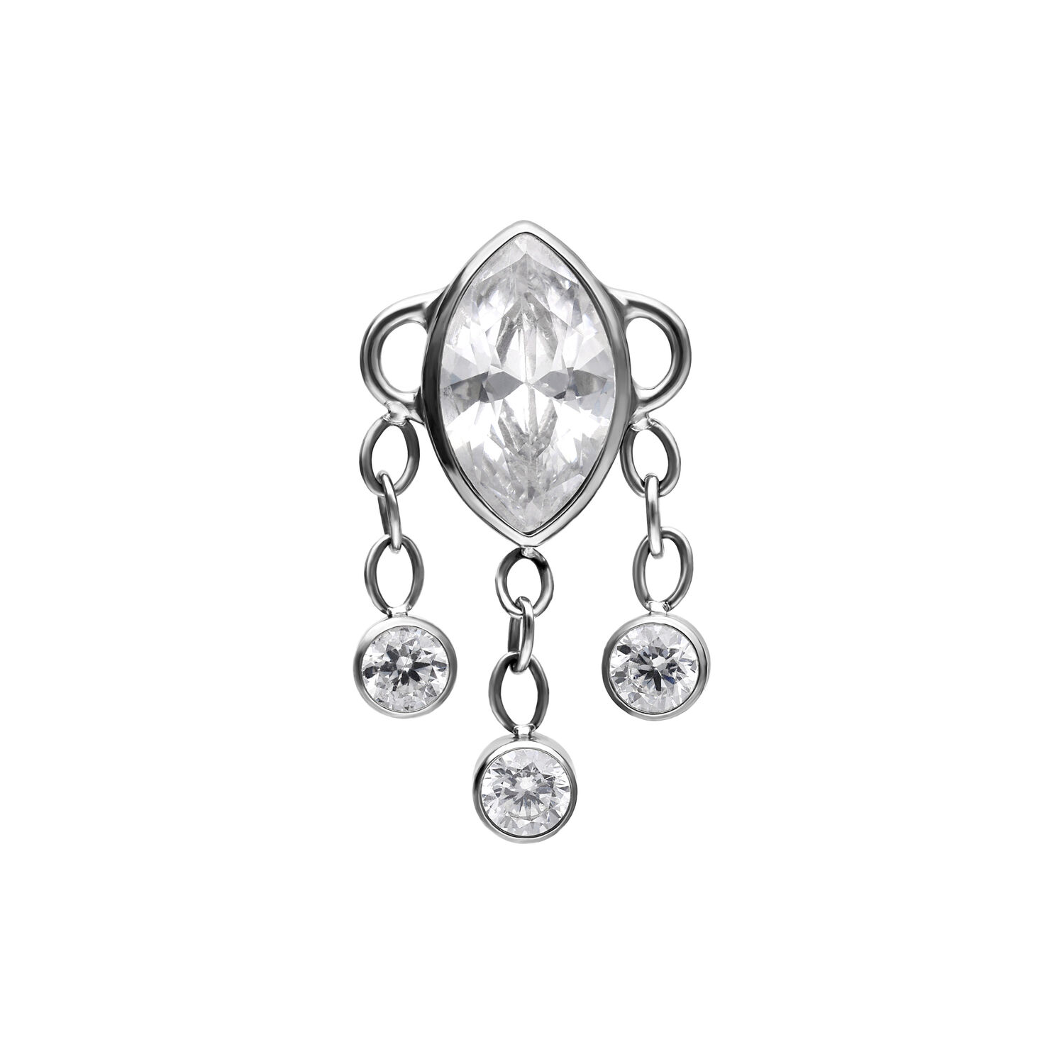 Push Fit accesorio con cristales, plata Accesorio Push Fit plateado con tres cristales colgantes sobre fondo blanco