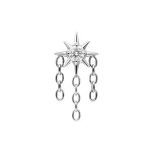 Accesorio de estrella plateada con cristal y tres cadenas colgantes sobre fondo blanco