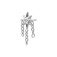 Accesorio de piercing en forma de estrella plateada con cristales claros y cadenas colgantes sobre fondo blanco