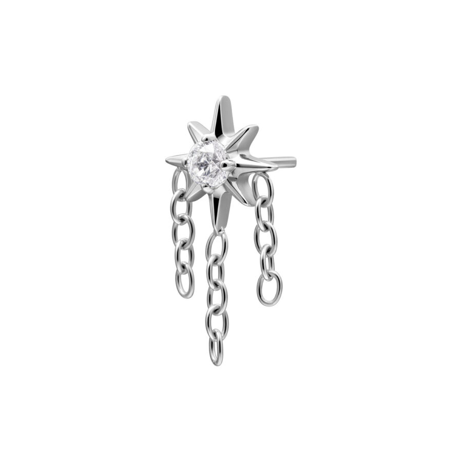 Accesorio de piercing en forma de estrella plateada con cristales claros y cadenas colgantes sobre fondo blanco