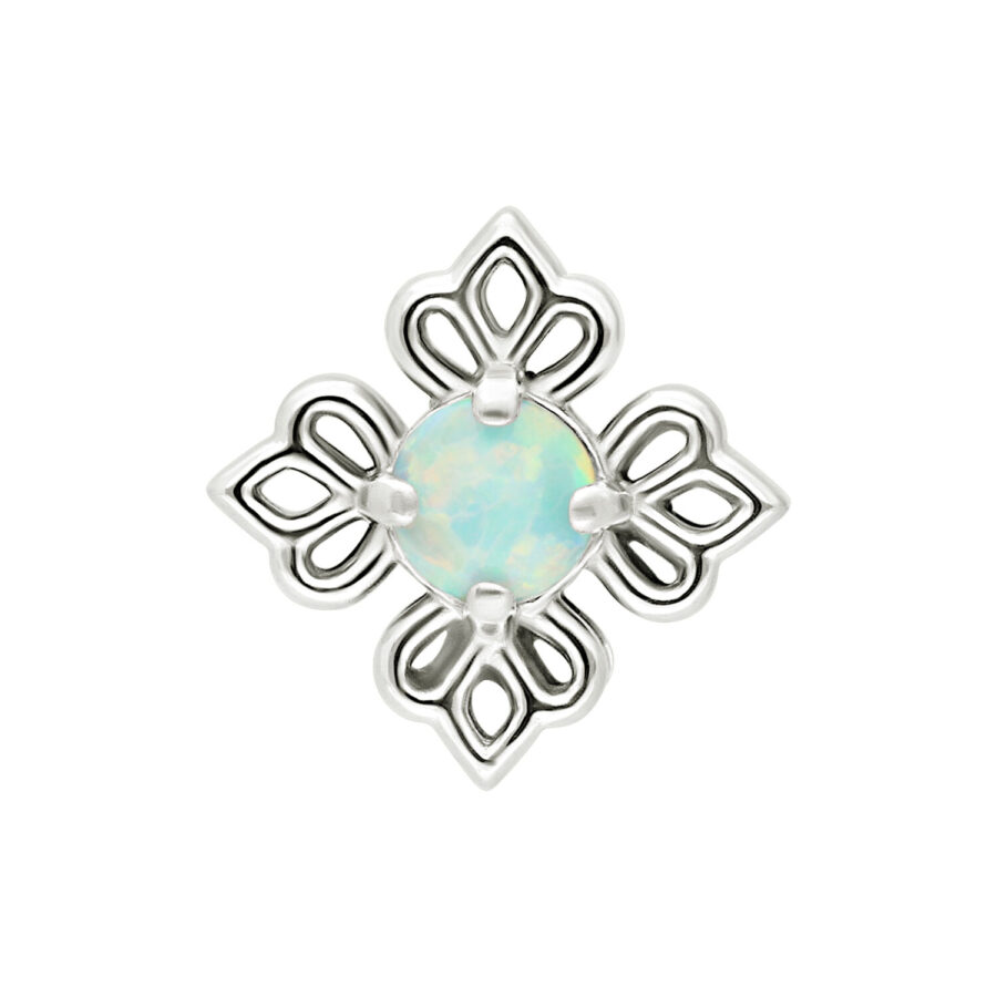 Adorno en forma de flor de oro blanco con ópalo sintético, diseño delicado
