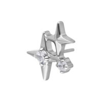 Accesorio de piercing en forma de estrella plateada con dos cristales claros sobre fondo blanco