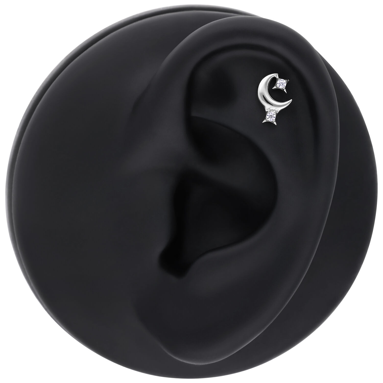 Pendiente de Cristal de Luna Plateada Pendiente plateado en forma de luna con cristal claro en modelo de oreja negra