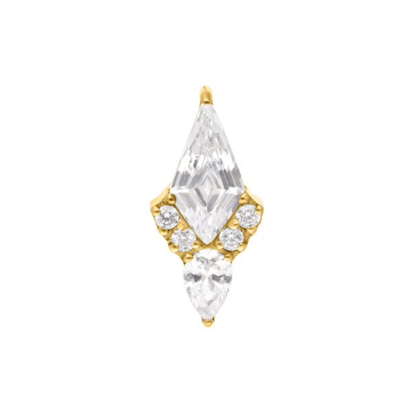 Ajuste Push Fit dorado con cristales claros en forma de cometa, sobre fondo blanco