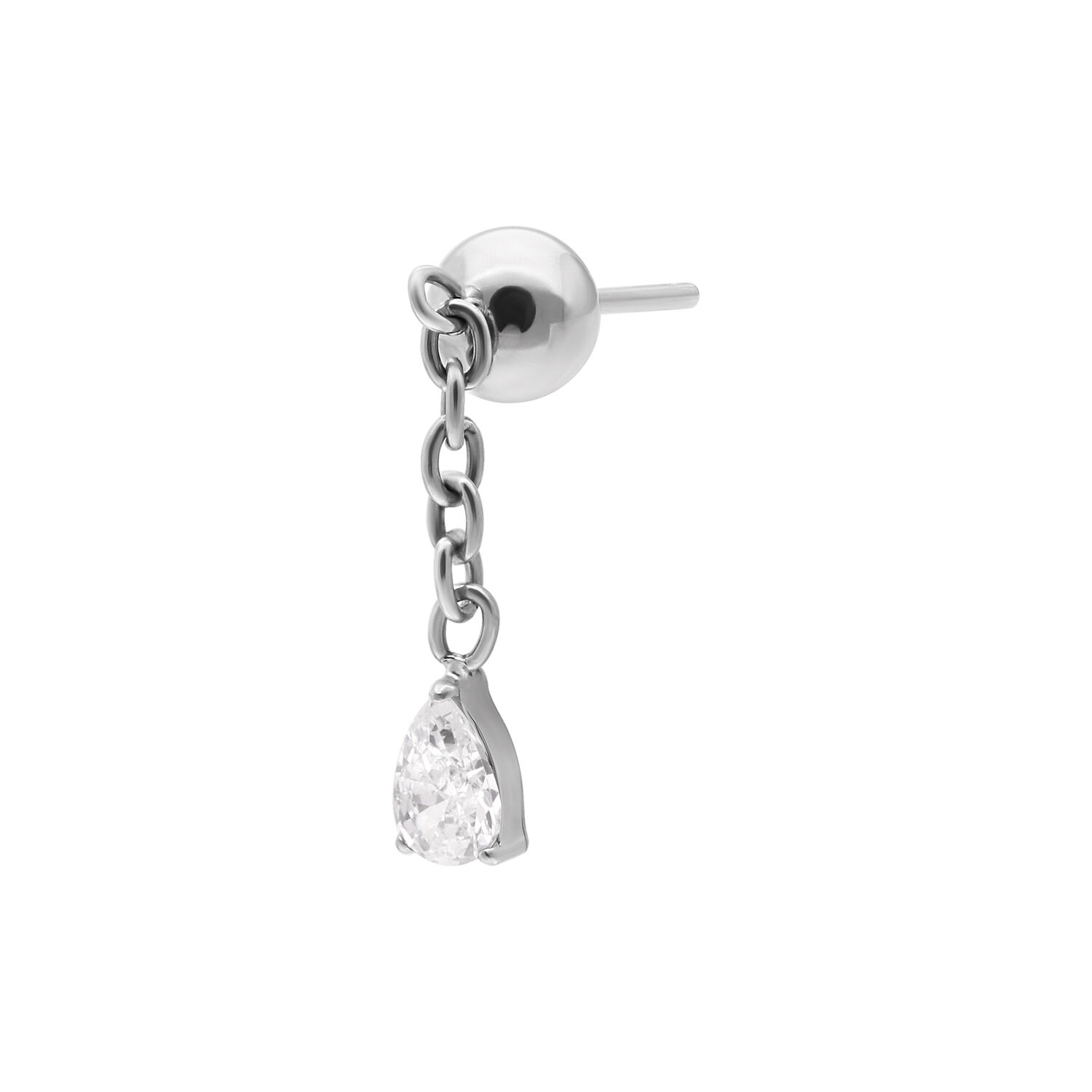 Pendiente de plata con colgante de cristal Pendiente de plata con colgante de cadena y cristal en forma de gota sobre fondo blanco